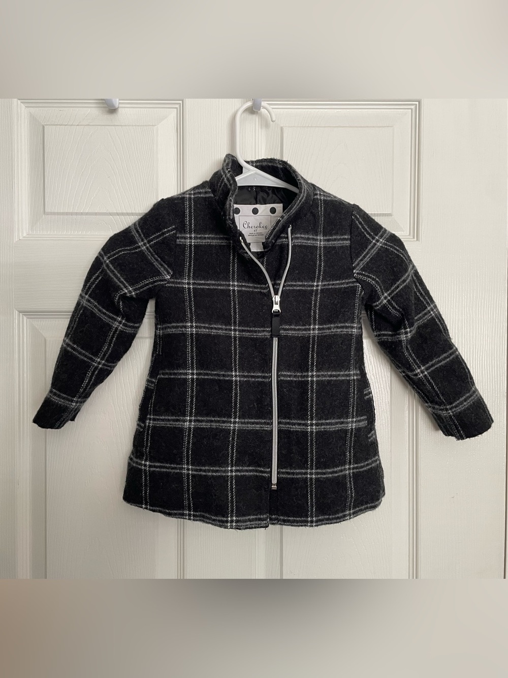 Cherokee Wool Blend Kids 4T Black & White Plaid Zip-Front Pea Coat